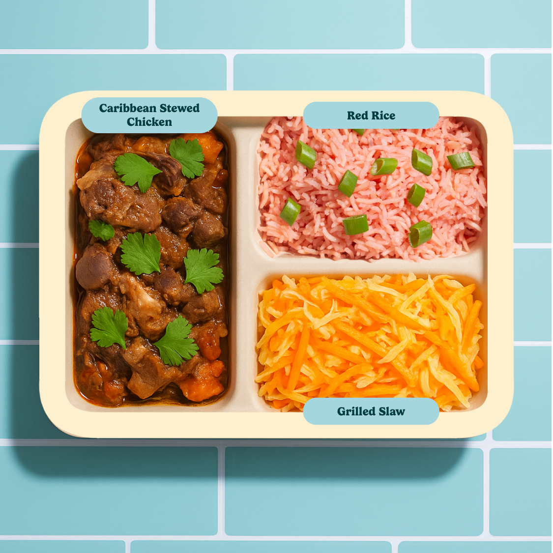 Jamaican Brown Stew Chicken with Rice and Cabbage Carrots Mix