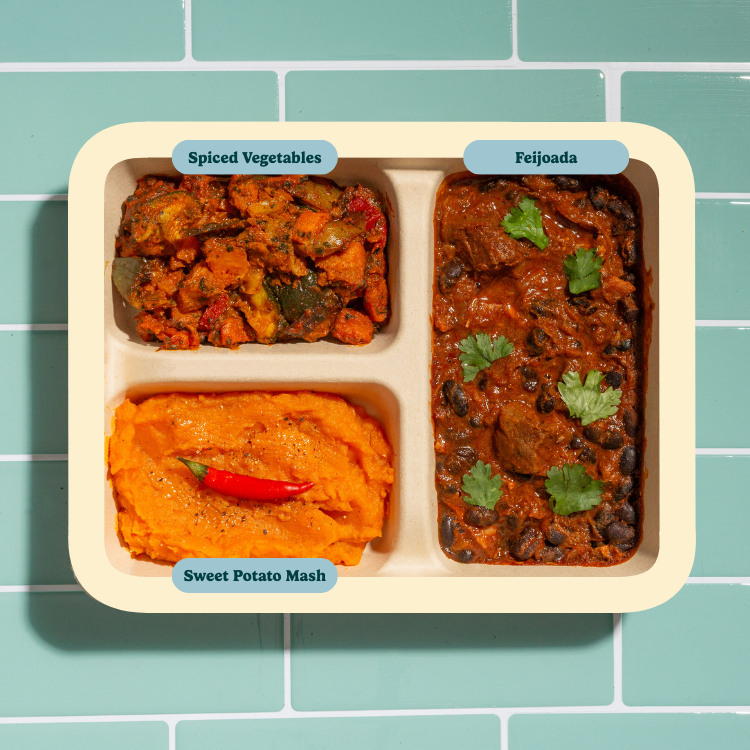 Feijoada with Sweet Potato Mash and Spiced Vegetables