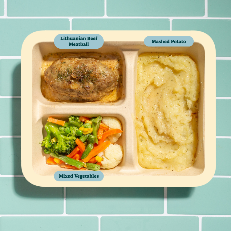 Lithuanian Beef Meatball with Mashed Potatoes and Mixed Veggies