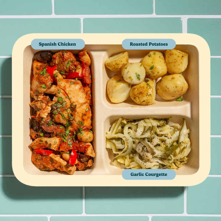 Spanish Chicken & Olives with Roasted Potatoes and Garlic Courgette