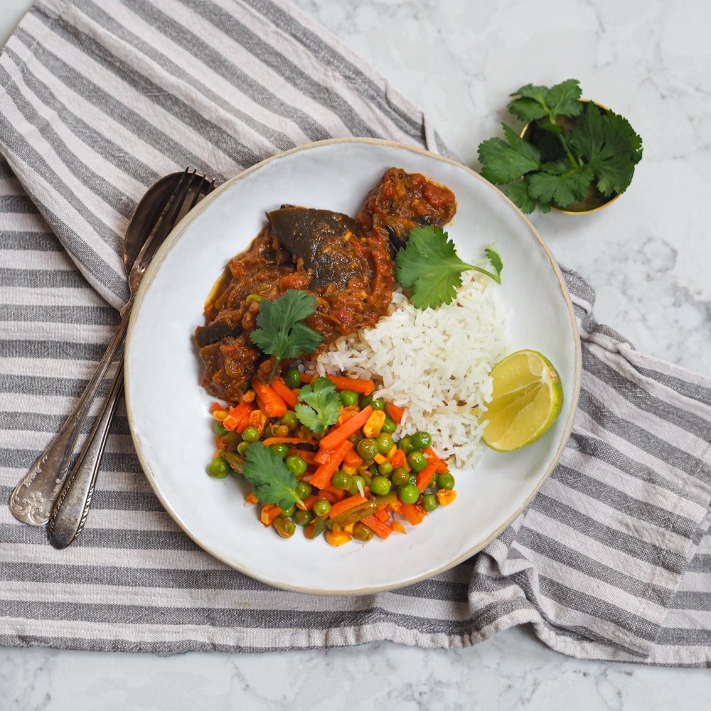 Aubergine Curry with Jeera Rice and Vegetables - by Meghana - HomeCooks
