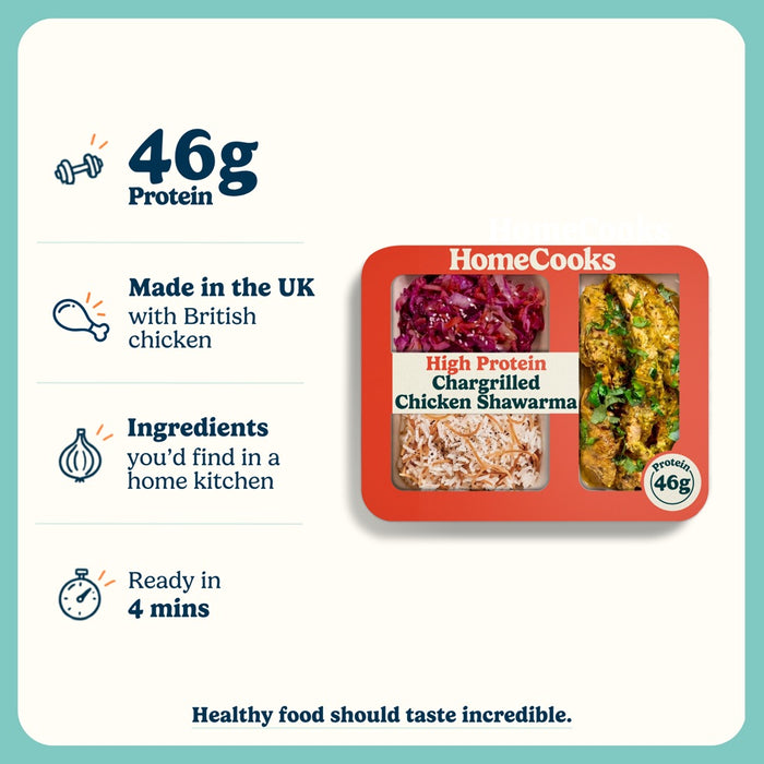 HomeCooks Chargrilled Chicken Shawarma: protein per pack, made in the UK, ready in 4 minutes