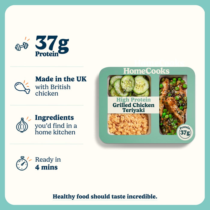HomeCooks Grilled Chicken Teriyaki: protein per pack, made in the UK, ready in 4 minutes