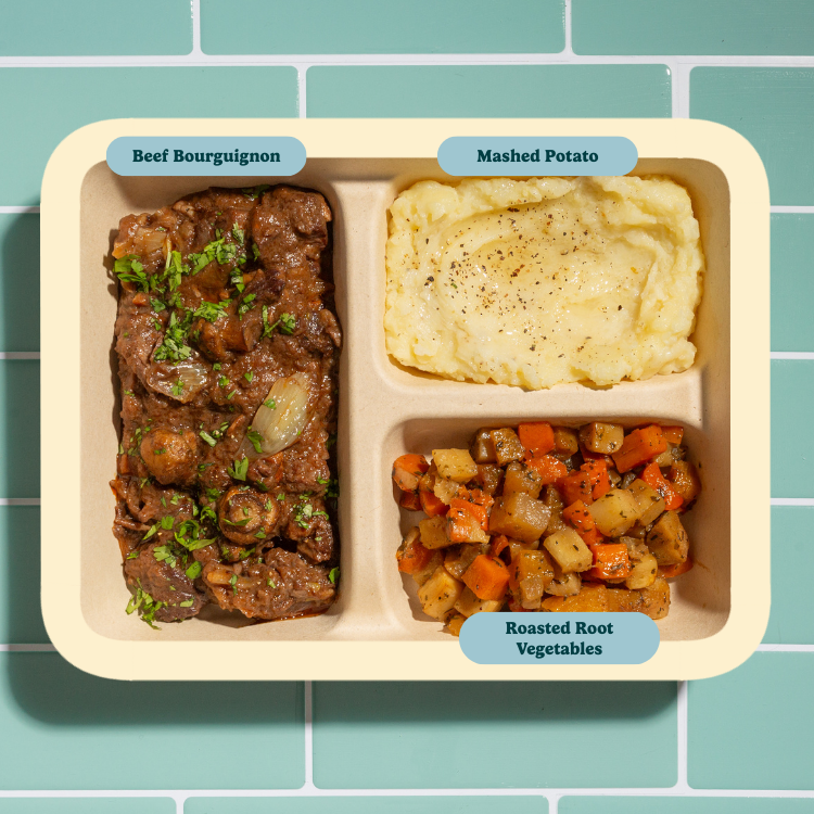 Beef Bourguignon with Mashed Potatoes and Roasted Root Vegetables