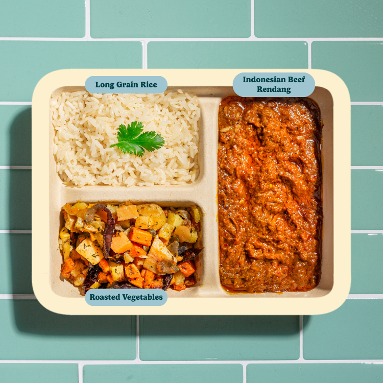 Indonesian Beef Rendang with Long Grain Rice & Thymed Roasted Vegetables