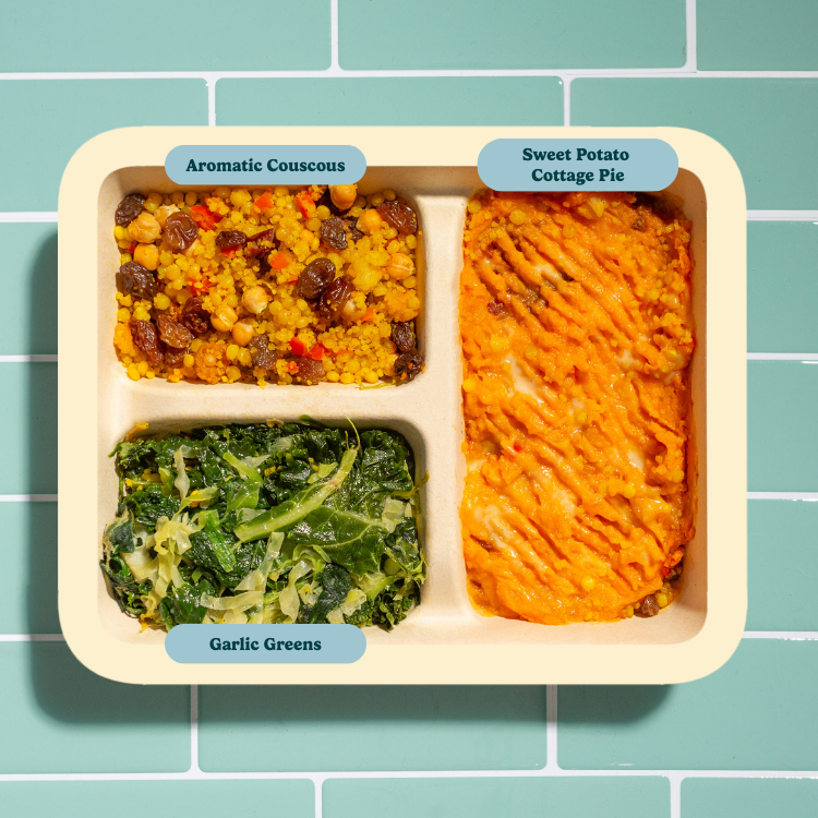 Sweet Potato Cottage Pie with Aromatic Couscous and Garlic Greens
