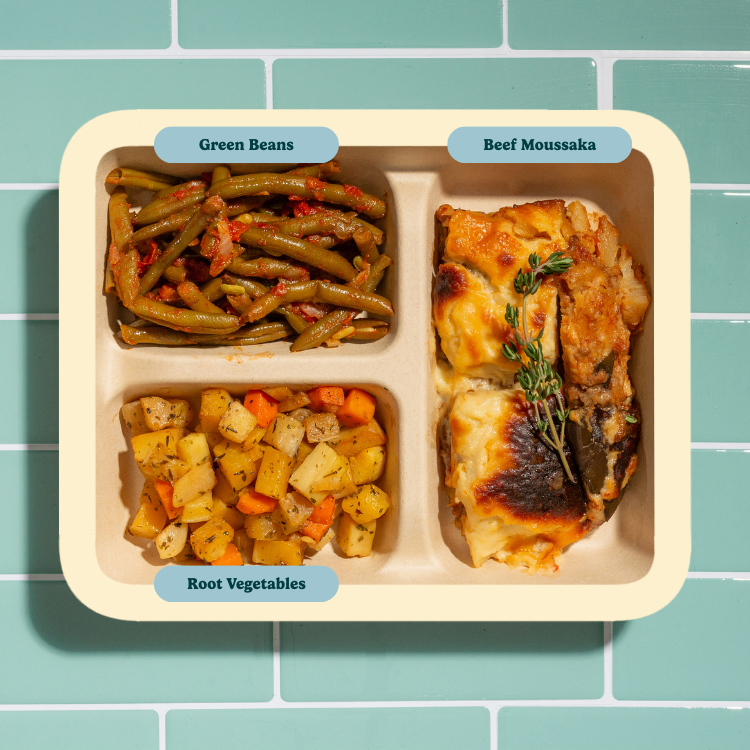 Beef Moussaka with Root Vegetables and Green Beans