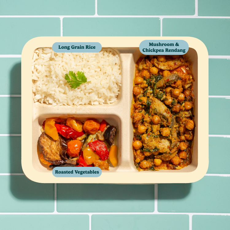 Indonesian Mushroom & Chickpea Rendang with Long Grain Rice & Thymed Roasted Vegetables