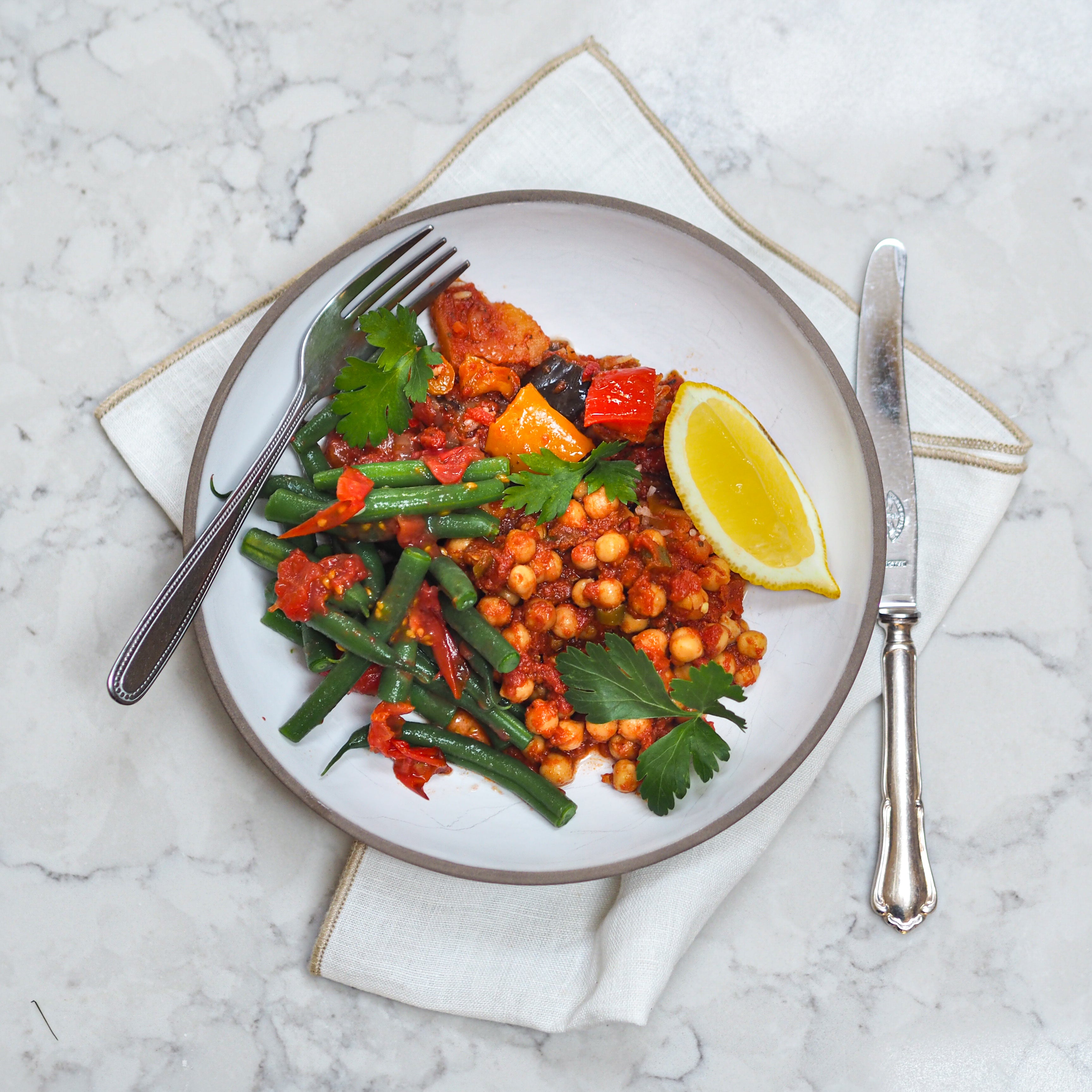 Mediterranean Aubergine Stew with Chickpeas and Green Beans