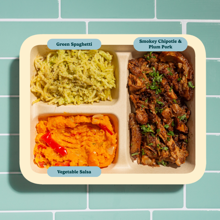 Smoky Chipotle & Dried‑Plum Pork with Green Spaghetti and Roasted Vegetable Salsa