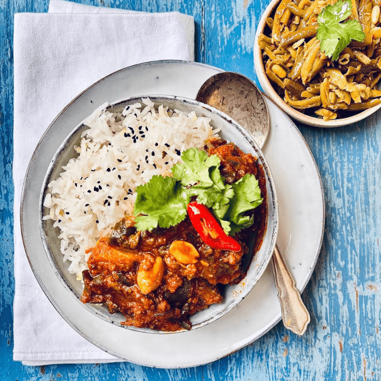 Aubergine Curry with Jeera Rice and Fine Green Beans - by Meghana - HomeCooks