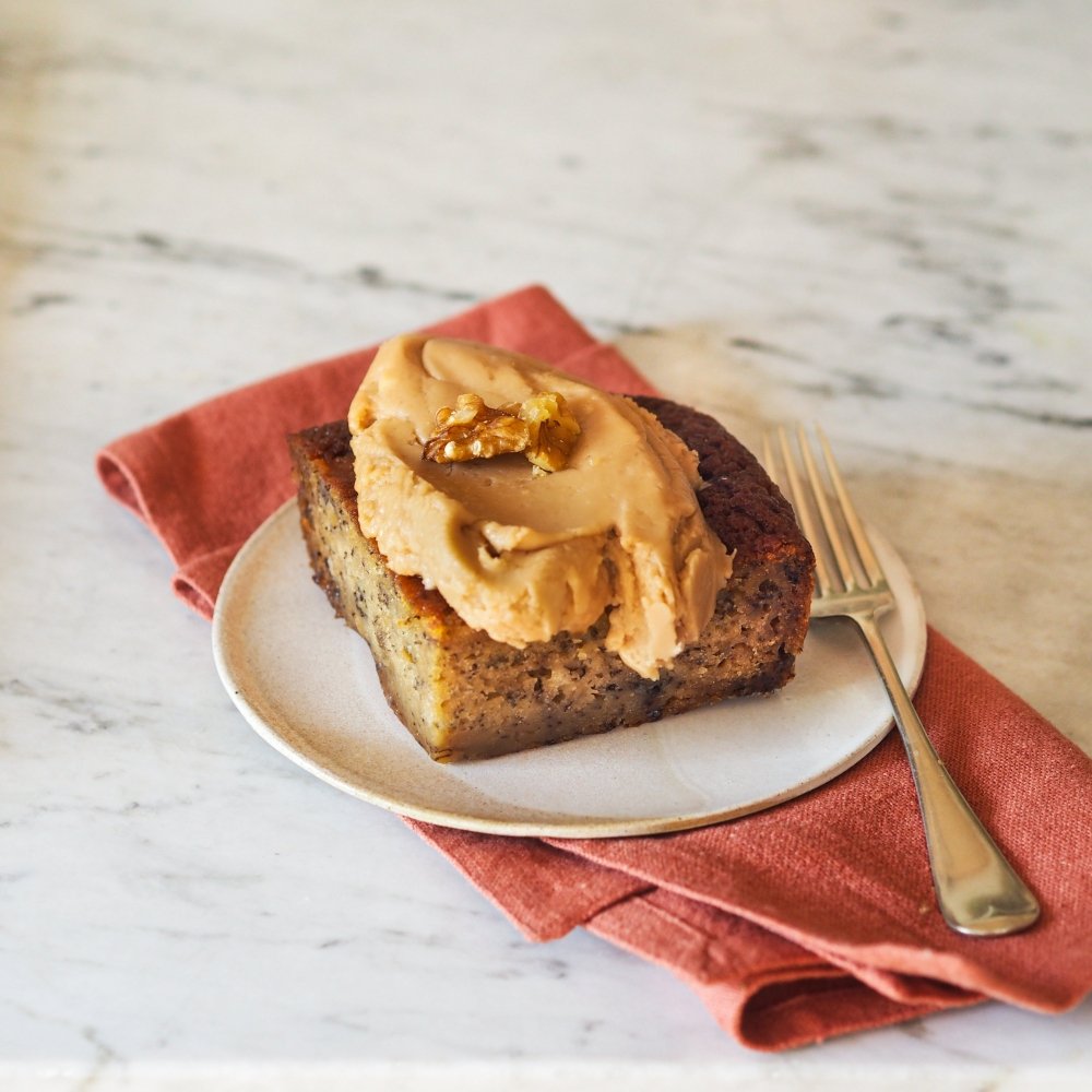 Banana Bread with Butterscotch Frosting & Walnuts - by The Happy Bakery Co - HomeCooks