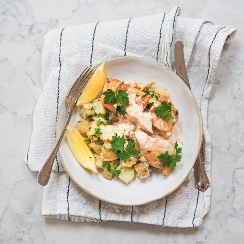 Salmon with White Sauce and Garlic Potato - by Lilia's Kitchen - HomeCooks