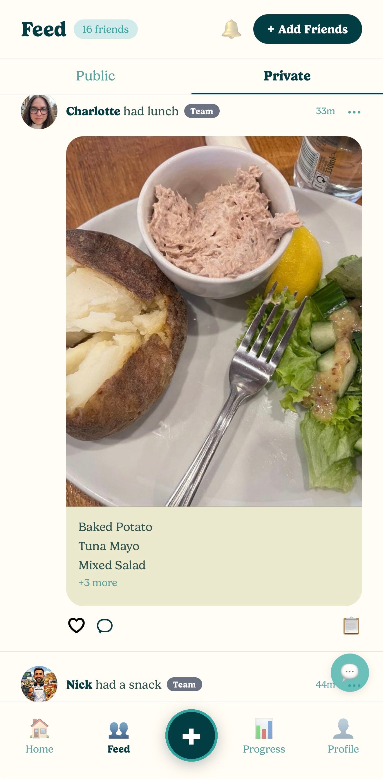 Balance social feed showing what friends are eating