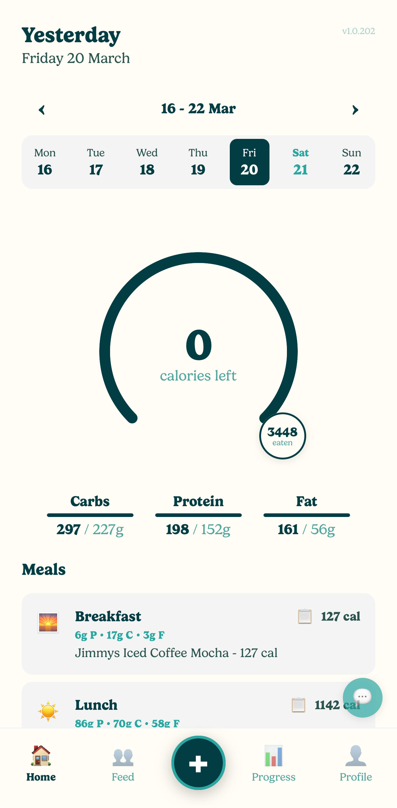 Balance app home screen with calorie and macro tracking