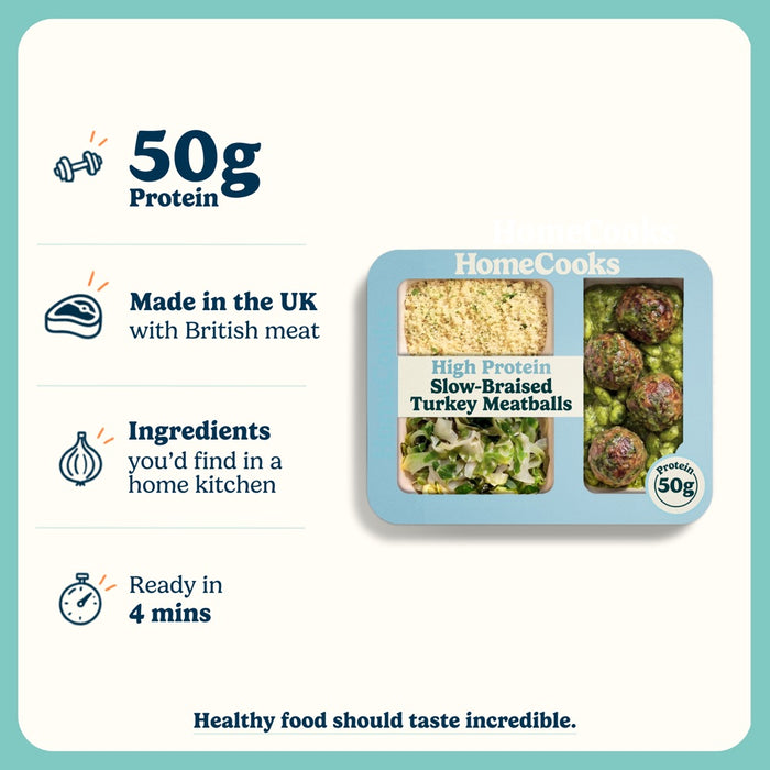 HomeCooks Slow-Braised Turkey Meatballs: protein per pack, made in the UK, ready in 4 minutes